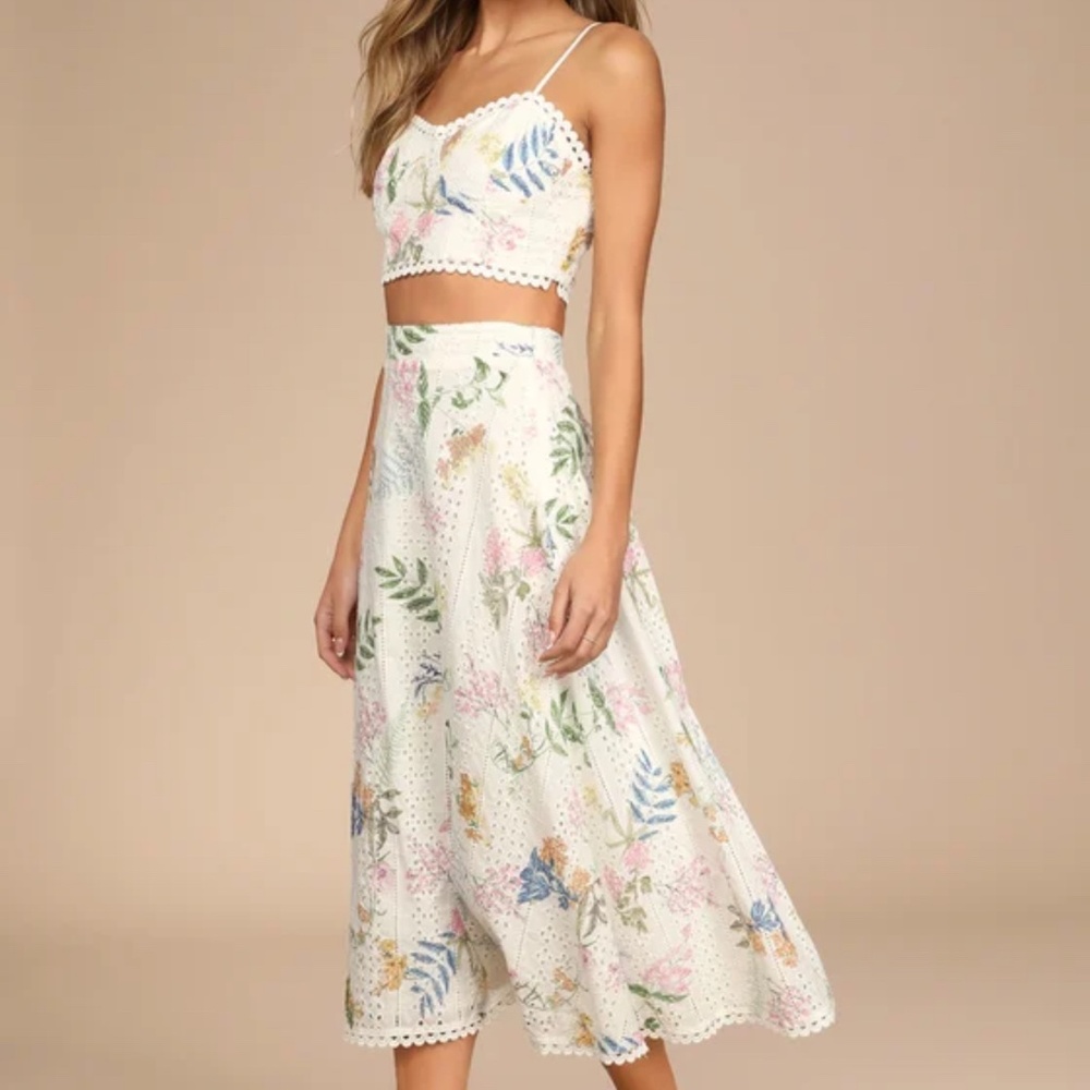 Lulu’s Sweet At Heart White Floral Embroidered Two-Piece Midi Dress